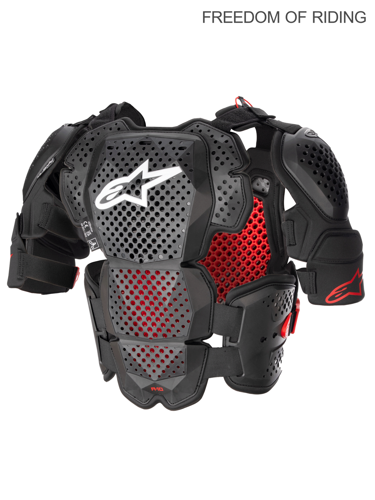 Alpinestars A-10 V2 Vollständiger Brustschutz, Motocross- und Offroad-Körperschutz für Herren, Anthrazit-Schwarz und Rot, CE-zertifiziert Level 2. Ausgestattet mit Polyeder-Hybrid-Technologie für hohe Belüftung, leichter Kunststoffschale mit Schulterprotektoren und Ram-Air-Kühlkanälen.