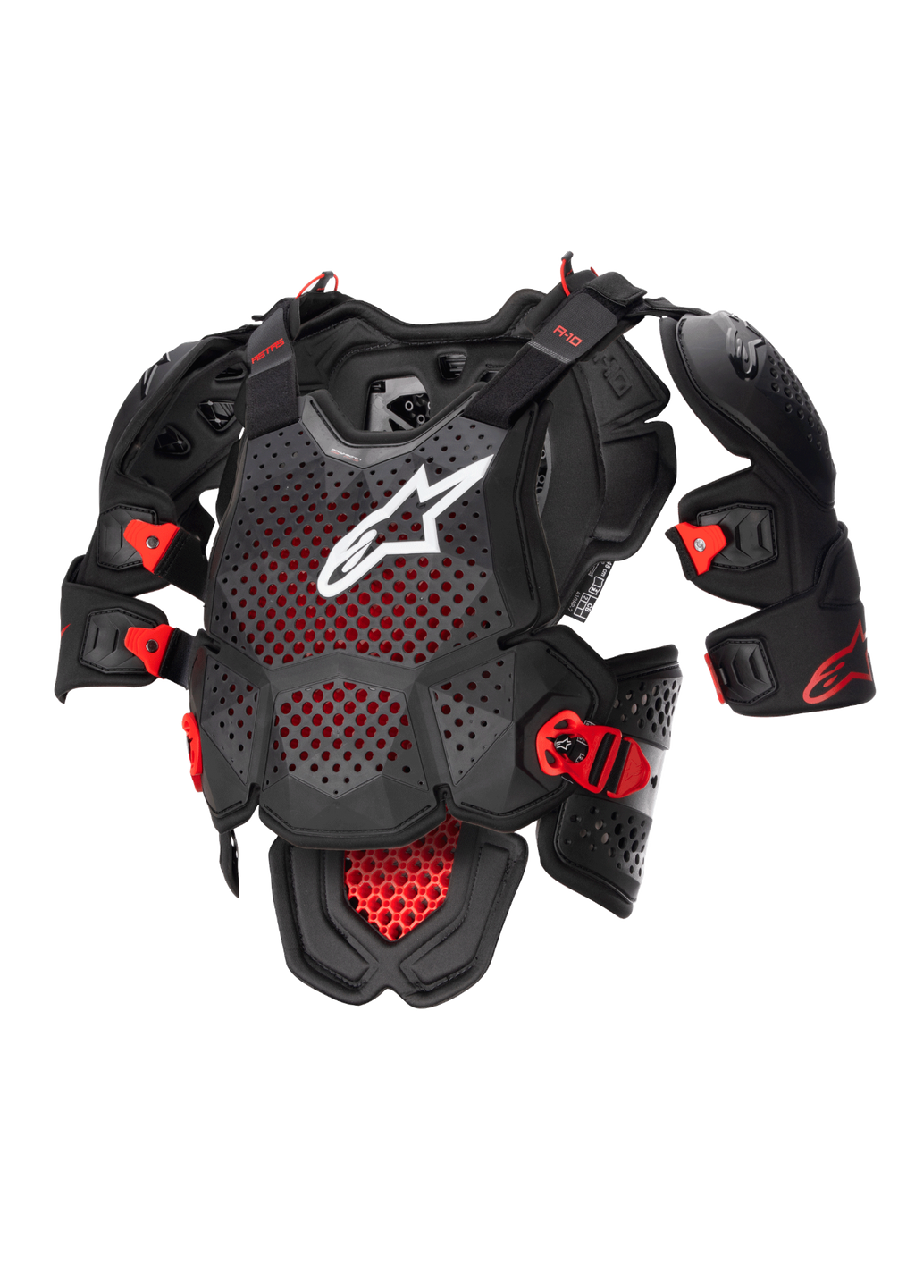 Alpinestars A-10 V2 Vollständiger Brustschutz, Motocross Körperschutz in Anthrazit Schwarz und Rot mit perforierter Brustplatte und weißem Alpinestars-Logo, verstellbarem Schulterschutz und CE Level 2-Zertifizierung