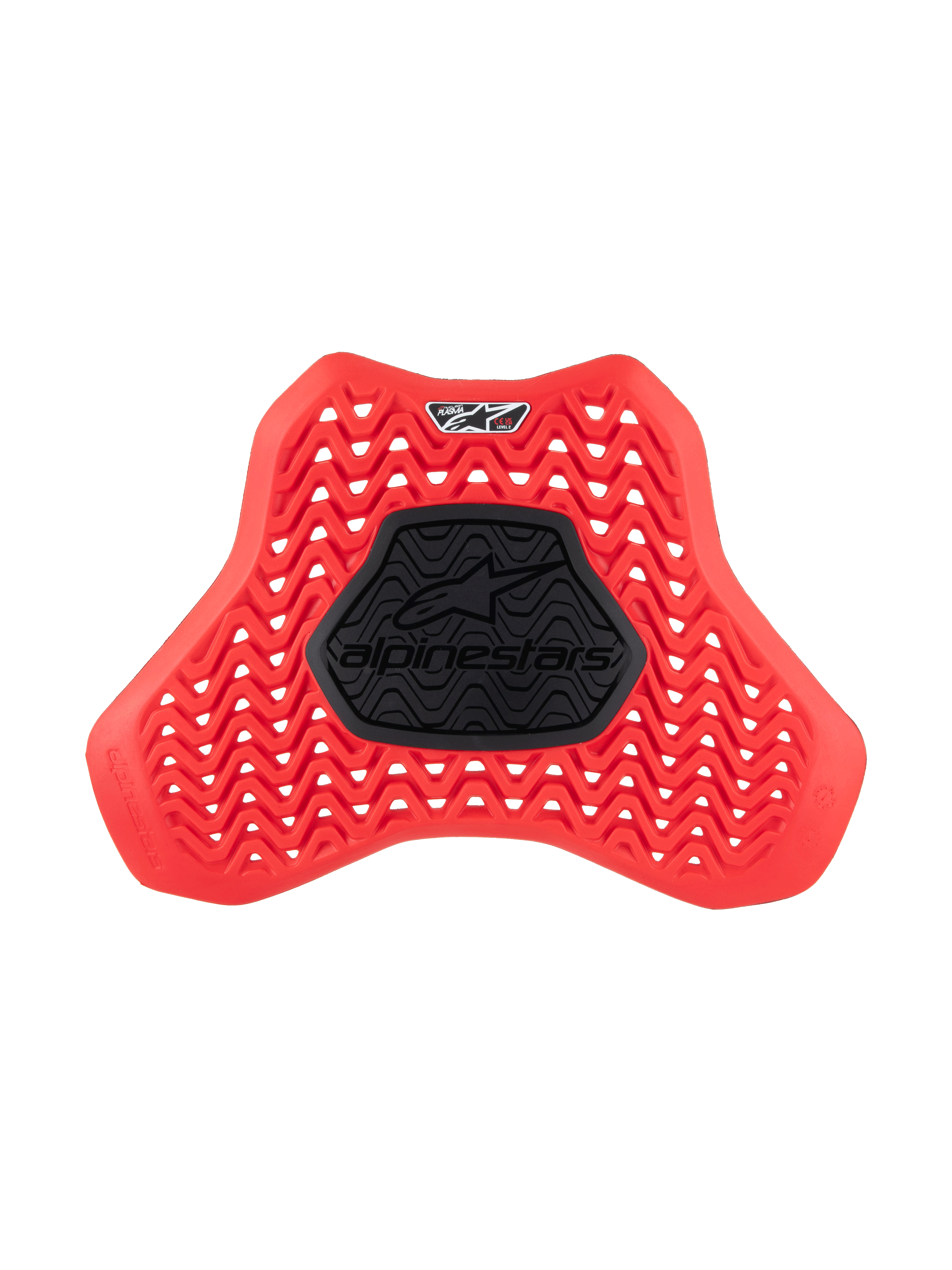 Alpinestars Nucleon Plasma Full Chest Protector Insert, Motorcycle Chest Protector, Red and Black, featuring a wavy ventilated pattern for airflow, central black semi-rigid zone with Alpinestars logo, ergonomic shield design for impact protection