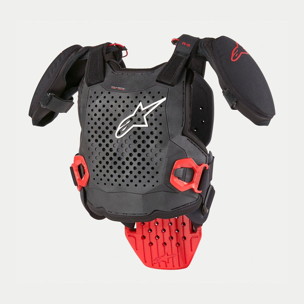 Alpinestars Jugend-A-5 S Brustschutz, Motocross-Körperschutz, Schwarz, Weiß und Rot, mit einer perforierten Hybrid-Frontplatte mit weißem Stern-Logo, roten Schnellverschlüssen und gepolsterten Schulterschützern für den Jugend-Offroad-Rennsport.
