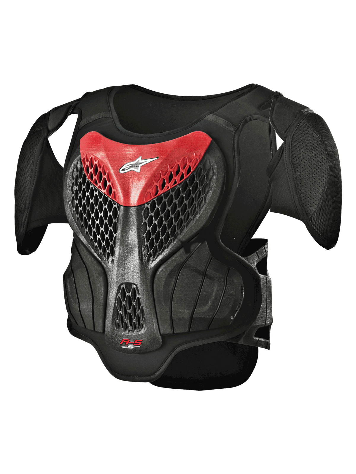 Alpinestars Youth A-5 S Body Armour, Motocross-Brustpanzer, Schwarz und Rot, hexagonales Mesh-Design, gepolsterte Schultern, leichter Schutz für junge Fahrer