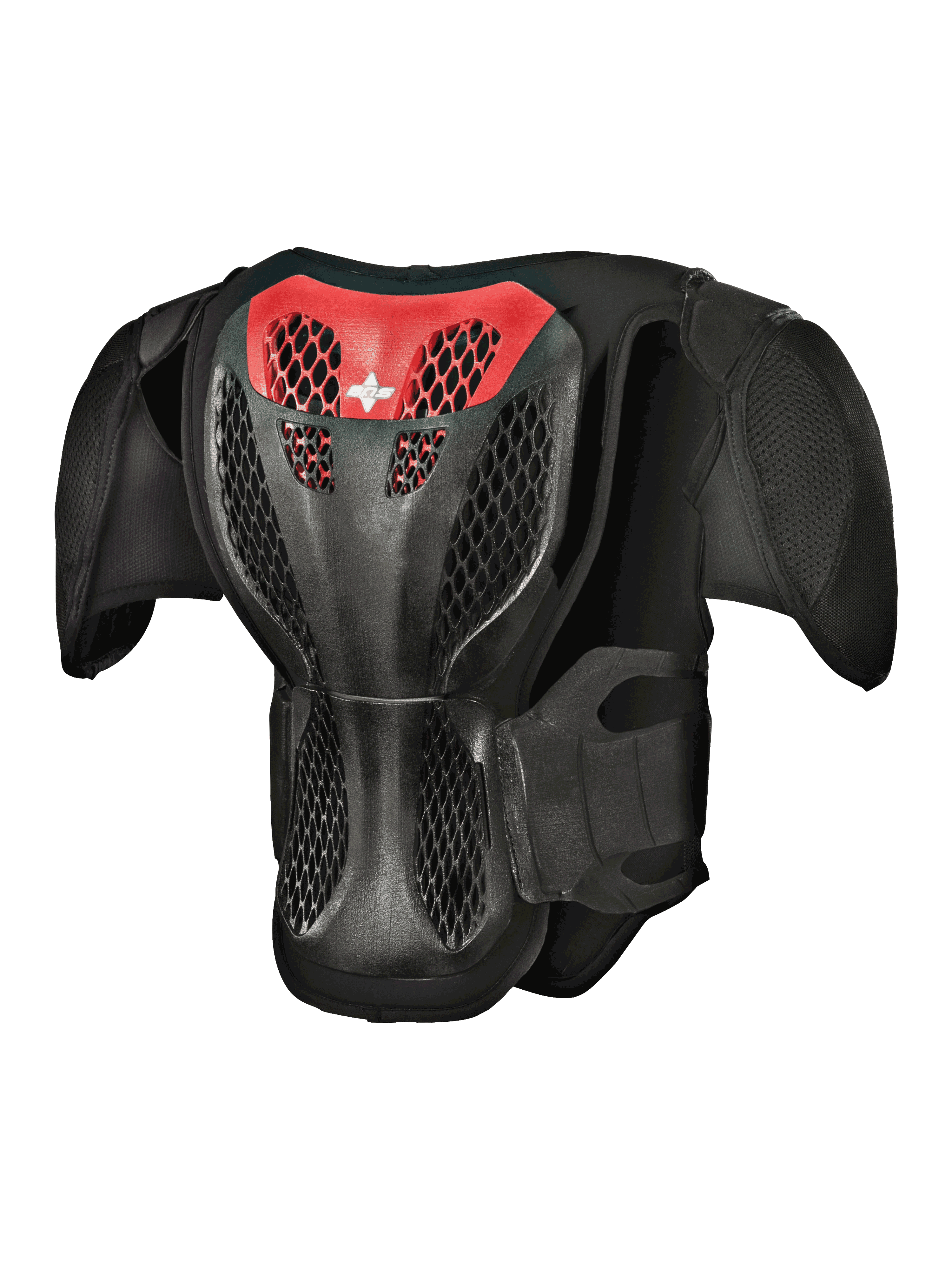 Alpinestars Jugend-A-5 S Körperpanzer, Rückansicht, Schwarz und Rot, mit schützender Gitterstruktur-Rückenplatte, belüfteter Wabenstruktur und integrierten Schulterprotektoren für Offroad-Motocross-Schutz