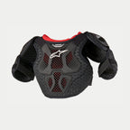 Alpinestars Youth Bionic Action Kickstart Brustschutz, Motocross-Brustprotektor, Schwarz und Rot, halbstarre TPR-Platten mit belüftetem Wabennetz, weißes Alpinestars-Logo, Schulter- und Bizepsschutz.