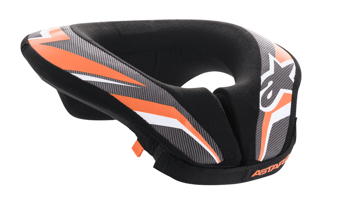 Alpinestars Youth Sequence Neck Roll, Nackenschutz für Motocross und MTB, Schwarz, Anthrazit und Orange, gepolstertes U-förmiges Design mit verlängertem Rückenteil für Stabilität, Schutzausrüstung für junge Fahrer, mit weißem Alpinestars-Logo
