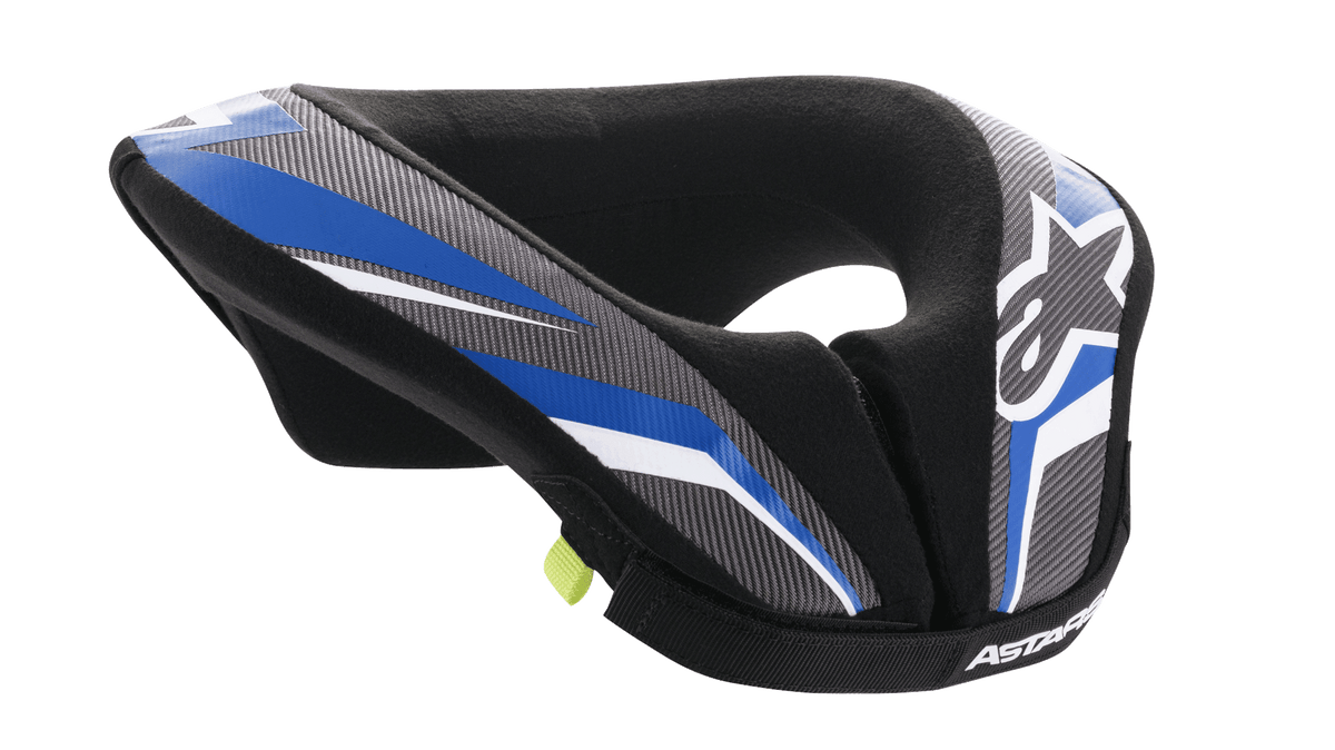 Alpinestars Youth Sequence Neck Roll, Jugend-Motocross-Nackenschutz, Schwarz, Anthrazit und Blau, gepolstertes ergonomisches Design mit blau und grau gemusterten Paneelen, weißen Akzenten und Alpinestars-Branding, weiches Innenfutter für Komfort