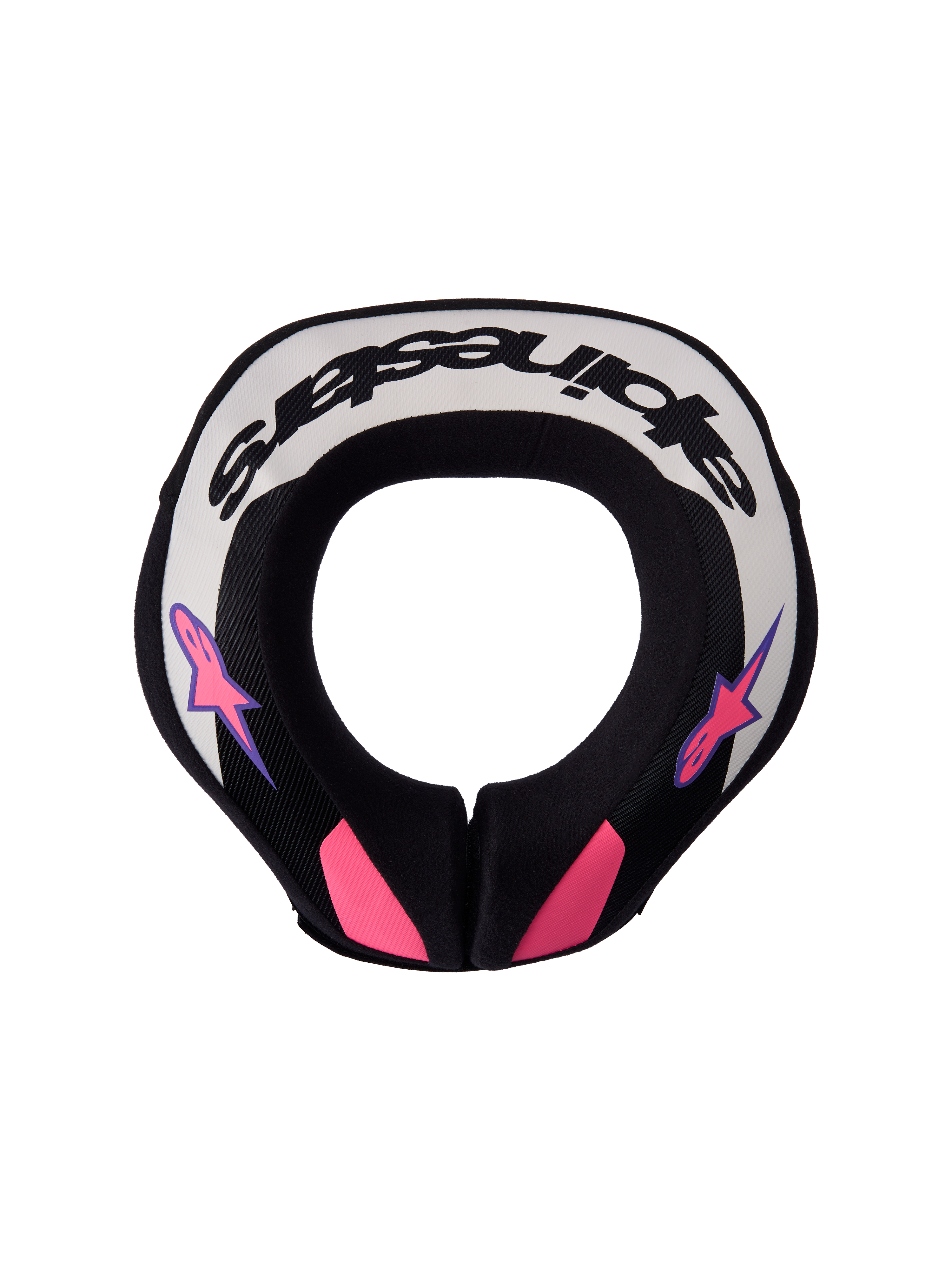 Alpinestars Sequence Jugend-Nackenprotektor, Motocross-Nackenprotektor in Schwarz, Hellgrau und Lila, Draufsicht mit pinken Akzenten für junge Fahrer.