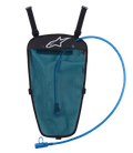 Alpinestars Hydration Pack, Black and Blue, 1.5L water bladder in mesh pouch, blue drinking tube with mouthpiece, white Astar logo, adjustable straps for jacket integration, designed for off-road and adventure riding