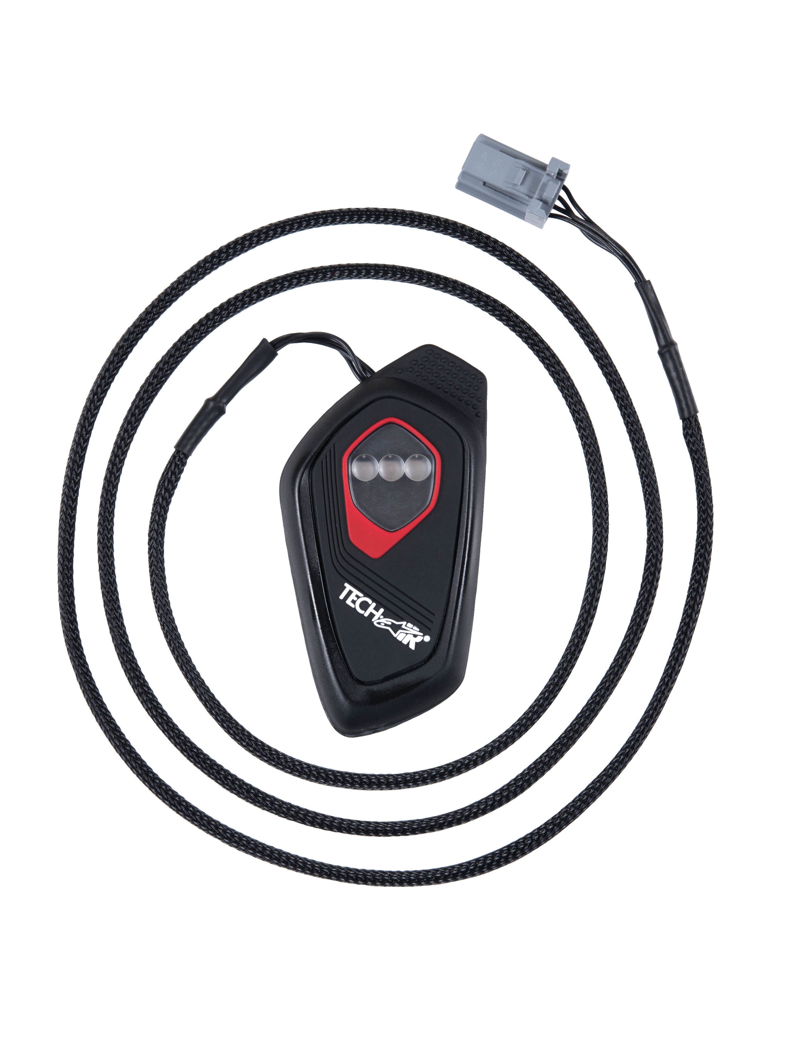 Alpinestars Tech-Air® 7X LED-Anzeige, schwarze tropfenförmige elektronische Steuereinheit mit roter Umrandung, drei runde LED-Anzeigen, geflochtenes Kabel mit grauem Stecker, Anzeigemodul für Motorrad-Airbagsysteme