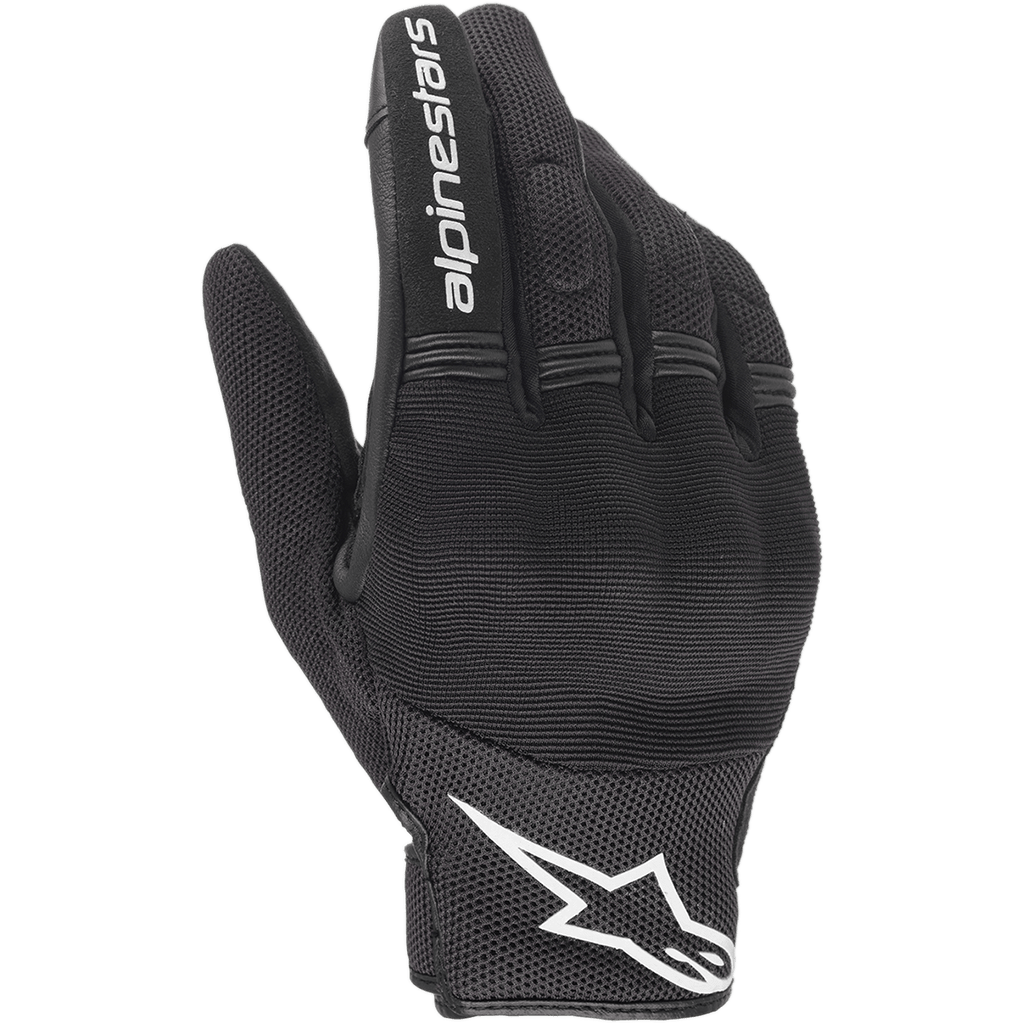Alpinestars Copper Handschuhe, urbane Motorradhandschuhe, Schwarz und Weiß, Rückansicht mit Mesh- und Textilkonstruktion, weißes Alpinestars-Logo am Handgelenk und Schriftzug auf dem Zeigefinger, Akkordeon-Stretch-Einsätze und integrierter Knöchelschutz.