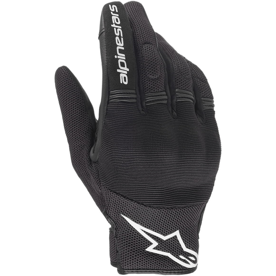 Alpinestars Copper Handschuhe, urbane Motorradhandschuhe, Schwarz und Weiß, Rückansicht mit Mesh- und Textilkonstruktion, weißes Alpinestars-Logo am Handgelenk und Schriftzug auf dem Zeigefinger, Akkordeon-Stretch-Einsätze und integrierter Knöchelschutz.