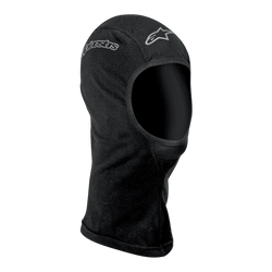 Alpinestars Open-Face Sturmhaube, Motorrad-Basisschicht, Unisex, Schwarz mit silbernen Alpinestars-Logos, feuchtigkeitsableitendes Textilmaterial, ergonomisches Design mit Flachnähten und verlängertem Halsbereich für zusätzlichen Windschutz.