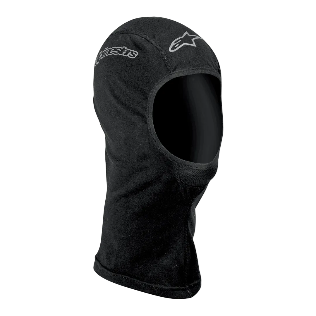 Alpinestars Open-Face Balaclava, Motorcycle Riding Base Layer, Unisex, Black, Moisture-Wicking Textile, featuring silver Alpinestars logos, ergonomic open-face design with flatlock seams and an extended neck for wind protection and coverage.