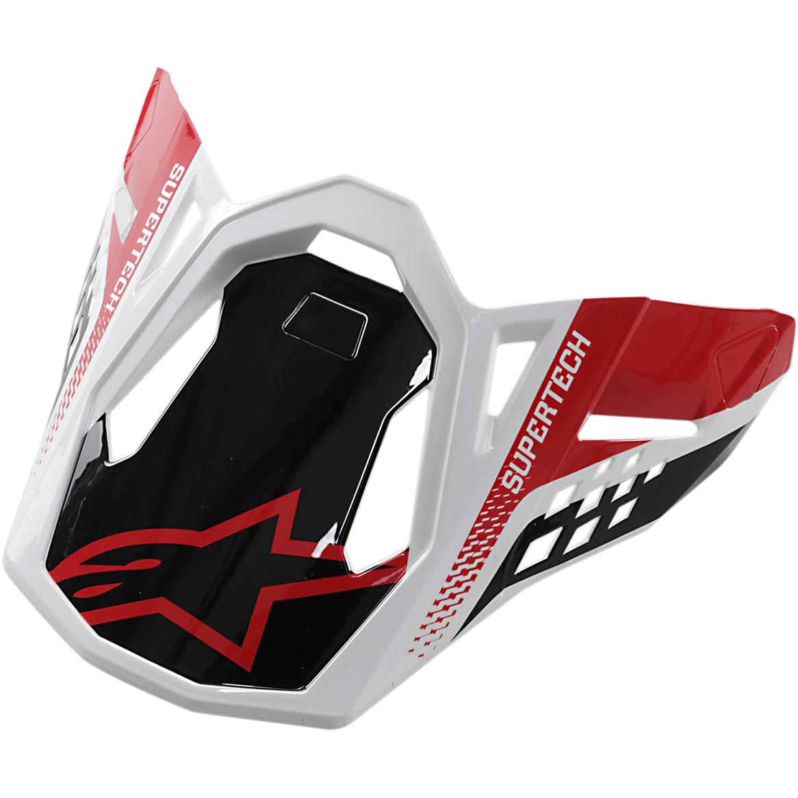 Alpinestars S-M8 Helmvisier Triple, Motocross-Helm-Zubehör, Schwarz, Rot und Weiß, mit SUPERTECH-Branding und rotem Alpinestars-Logo, kantiges geometrisches Design mit glänzendem Finish, Ersatzvisier für den Supertech M8 Offroad-Helm