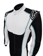 Alpinestars Tech Vision V3 Maßanzug, Auto-Rennanzug, Schwarz und Weiß mit hellblauen Akzenten, Schulterepauletten mit Alpinestars-Logo, professionelles Motorsport-Design