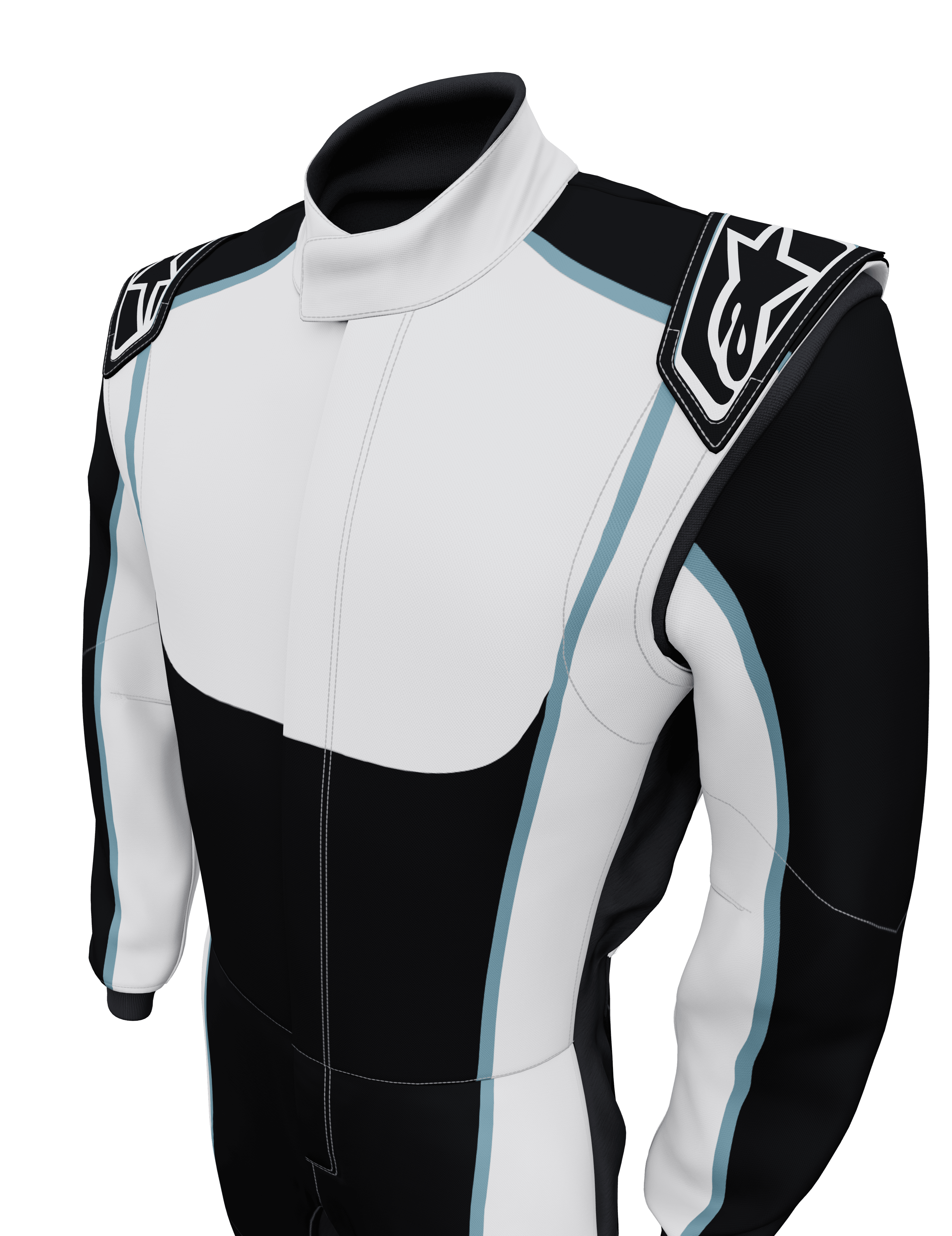 Alpinestars Tech Vision V3 Maßanzug, Auto-Rennanzug, Schwarz und Weiß mit hellblauen Akzenten, Schulterepauletten mit Alpinestars-Logo, professionelles Motorsport-Design