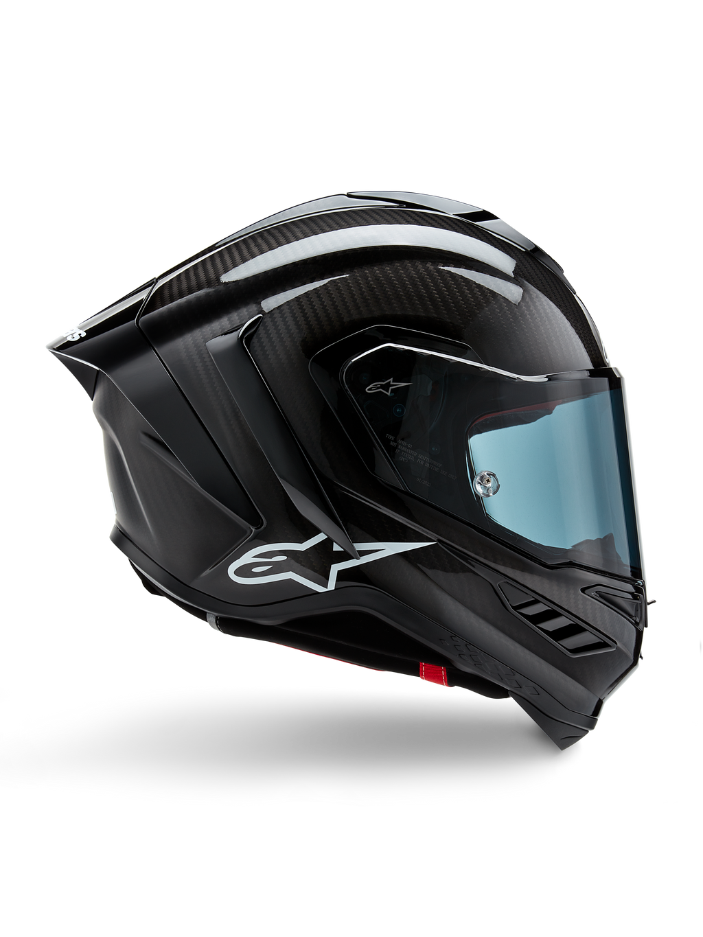 Alpinestars Supertech R10 Solid Helmet, Black Carbon Matte and Glossy, Motorcycle Racing Helmet, Carbon Fiber Construction, Side Profile, Blue Tinted Visor, Aerodynamic Design with Winglets, White Logo, High-Performance MotoGP-Level Protection