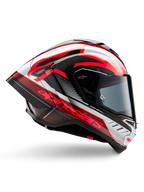 Alpinestars Supertech R10 Team Helmet, Motorcycle Racing Helmet, Black Carbon with Red and White Glossy Graphics, aerodynamic profile view featuring a dark visor, carbon fiber details, and bold red branding, high-performance racing gear