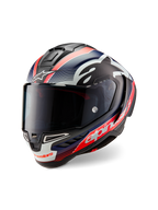 Alpinestars Supertech R10 Team Helmet, Black Carbon with Red Fluo and Matte Blue graphics, three-quarter front view, featuring a dark smoke visor, aerodynamic race shell, and bold white Alpinestars branding.
