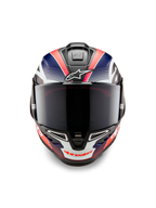 Alpinestars Supertech R10 Team Helmet, Full-face Motorcycle Racing Helmet, Black Carbon with Matte Blue and Red Fluo Graphics, Front View with Dark Smoke Visor, aerodynamic design with integrated air vents, high-performance racing gear