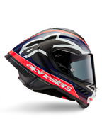 Alpinestars Supertech R10 Team Helmet, Motorcycle Racing Helmet, Black Carbon with Red Fluo and Blue Matte accents, featuring large white Alpinestars branding, aerodynamic design with integrated spoilers, clear visor, visible carbon fiber texture, sleek racing profile