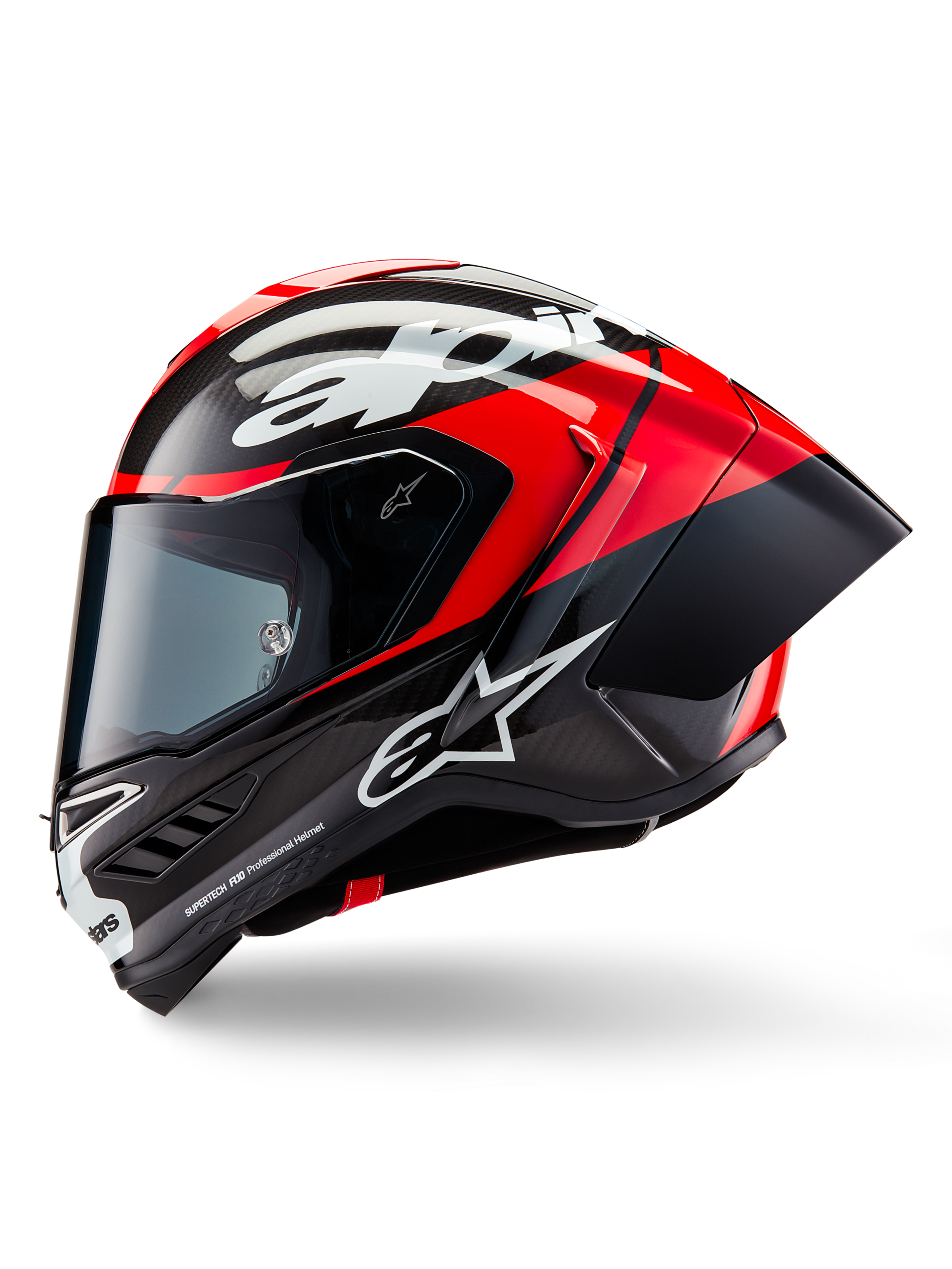 Alpinestars Supertech R10 Element Helmet, Full-Face Racing Helmet, Black Carbon Bright Red and White Glossy, side profile view showing aerodynamic carbon fiber shell with exposed weave, white Alpinestars branding, and integrated rear spoiler