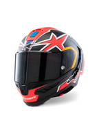 Alpinestars Supertech R10 Miller Limited Edition Helmet, full-face racing helmet, Carbon Red Matt with red stars, blue and yellow graphic accents, dark smoke visor, aerodynamic carbon shell for professional motorcycle racing