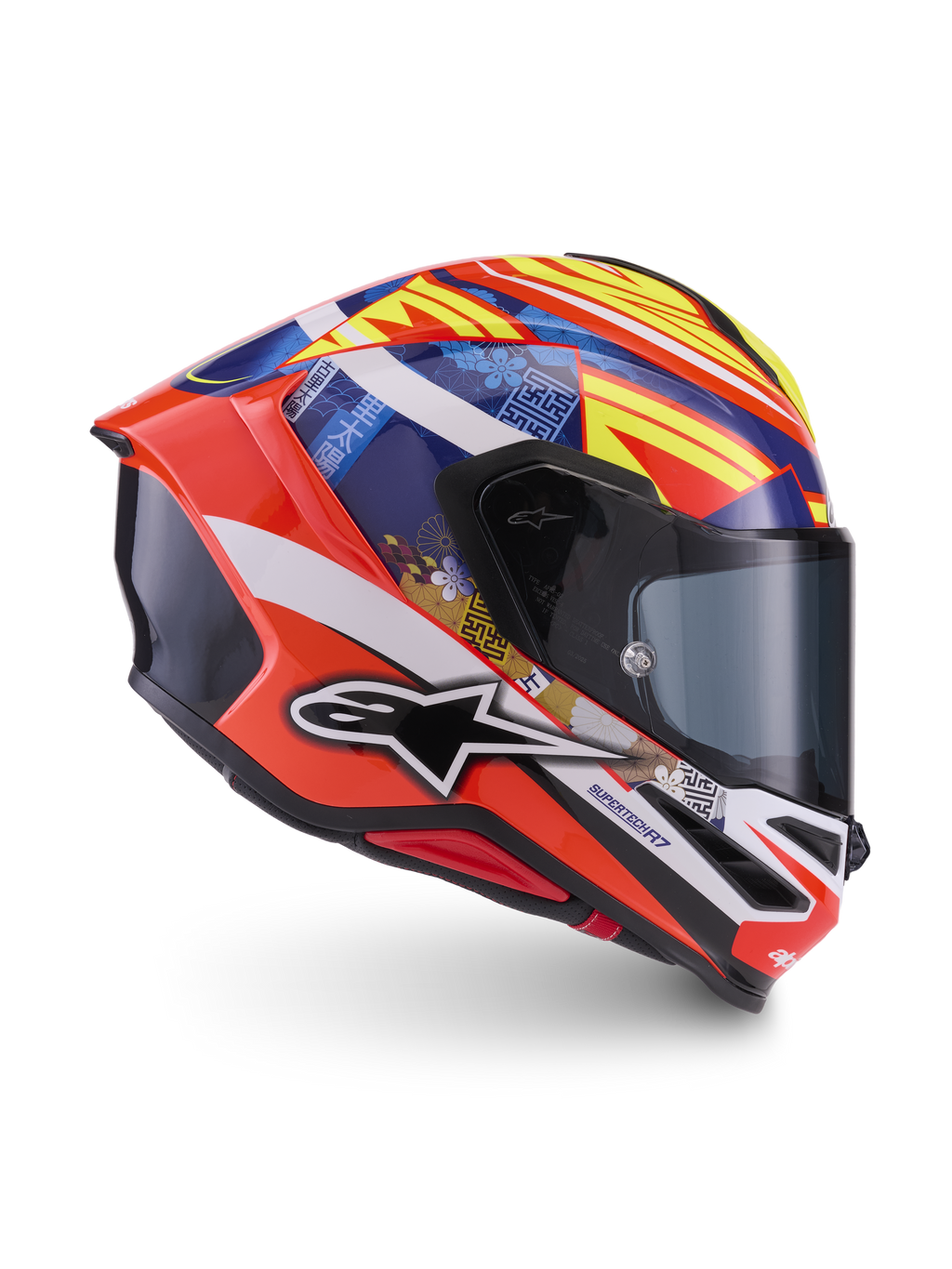 Alpinestars S-R7 Taiyo Furusato Helm, ECE-zertifizierter Motorrad-Integralhelm, Rot, Weiß, Blau und Gelb mit Carbon-Helmschale und Grafikdesign