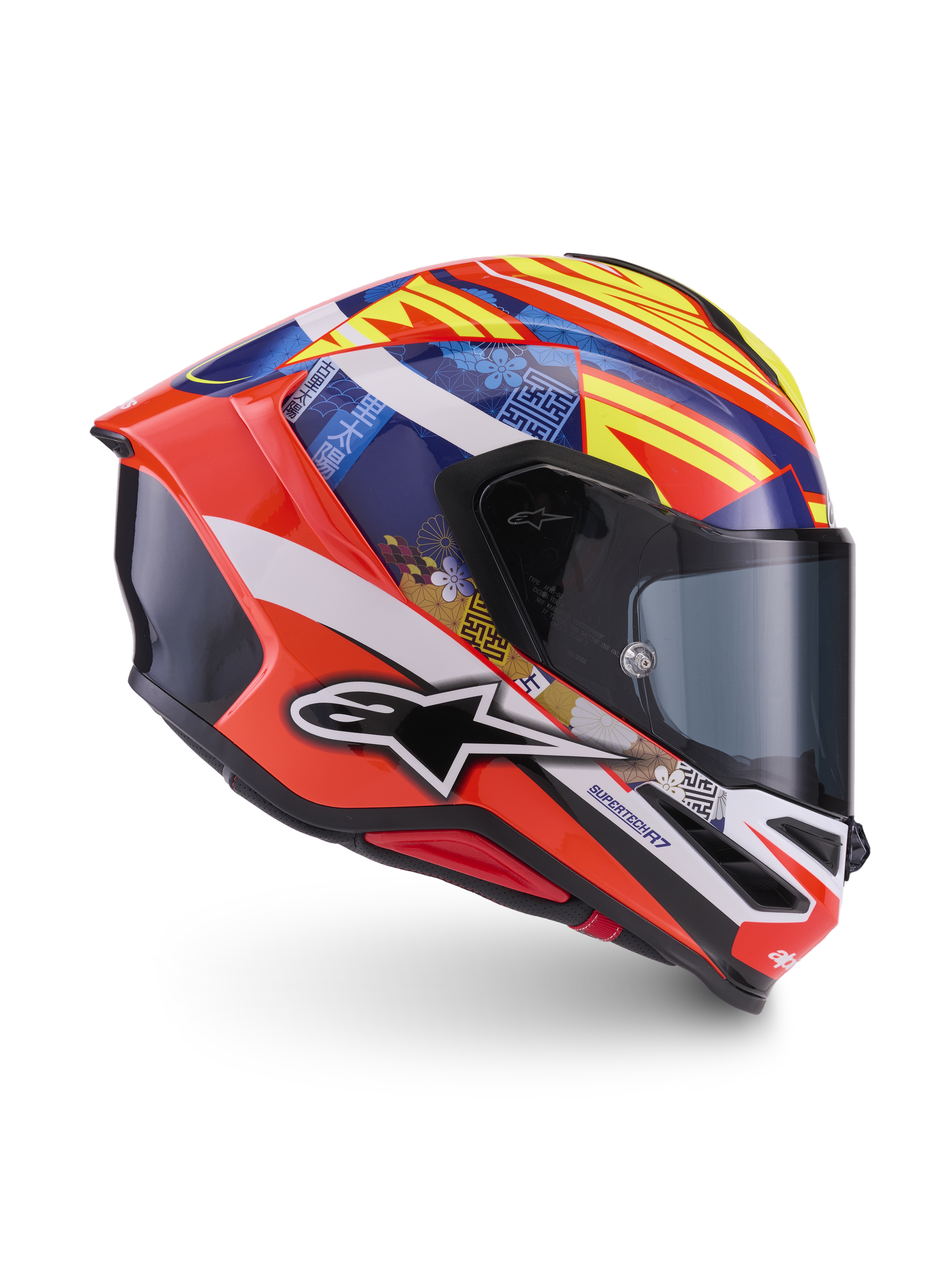 Alpinestars S-R7 Taiyo Furusato Helm, ECE-zertifizierter Motorrad-Integralhelm, Rot, Weiß, Blau und Gelb mit Carbon-Helmschale und Grafikdesign
