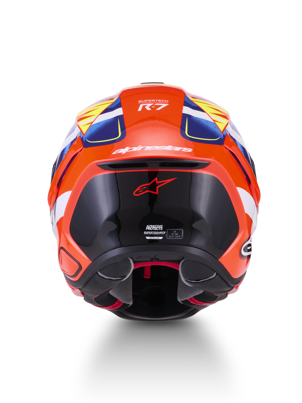 Alpinestars S-R7 Taiyo Furusato Helm ECE 06, Integral-Motorradrennhelm, Rückansicht, Rot, Weiß, Blau und Gelb, Carbon-Verbundkonstruktion