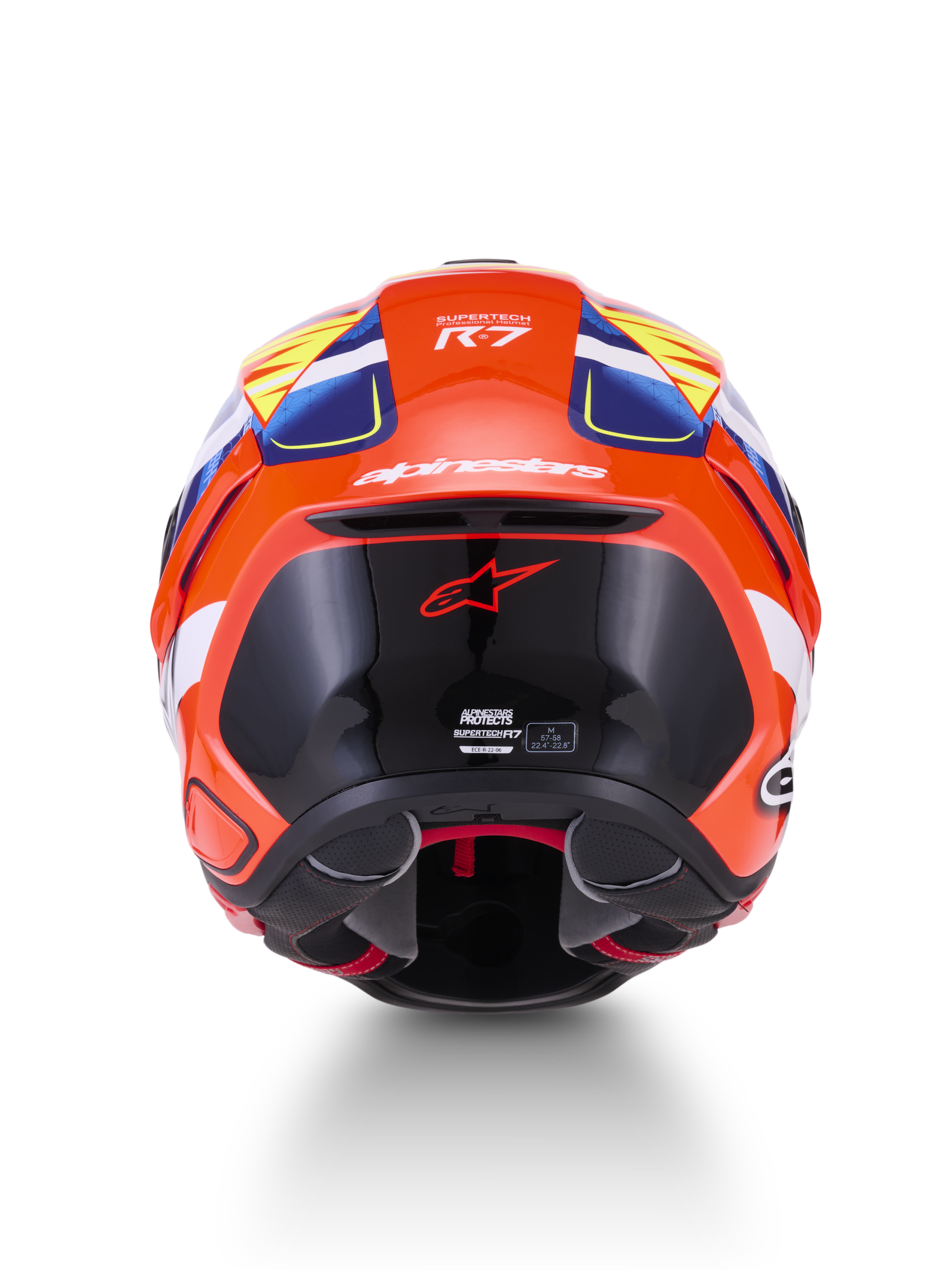 Alpinestars S-R7 Taiyo Furusato Helm ECE 06, Integral-Motorradrennhelm, Rückansicht, Rot, Weiß, Blau und Gelb, Carbon-Verbundkonstruktion