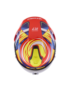 Alpinestars S-R7 Taiyo Furusato Helm ECE 06, Integral-Motorradrennhelm, Rot, Weiß, Blau und Gelb, glänzende Carbon-Konstruktion, Ansicht von oben mit aerodynamischem Spoiler und Belüftungsöffnungen