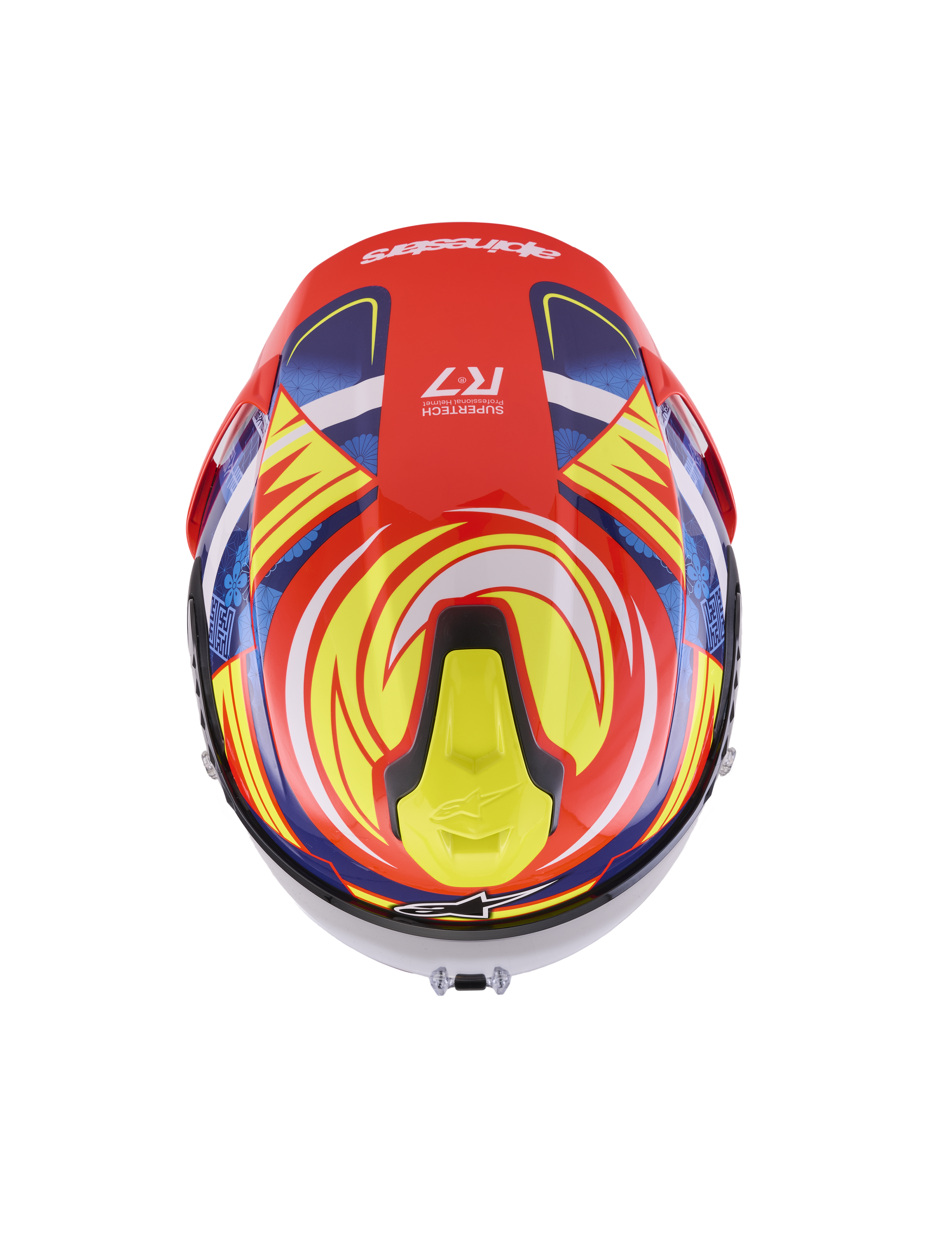 Alpinestars S-R7 Taiyo Furusato Helm ECE 06, Integral-Motorradrennhelm, Rot, Weiß, Blau und Gelb, glänzende Carbon-Konstruktion, Ansicht von oben mit aerodynamischem Spoiler und Belüftungsöffnungen