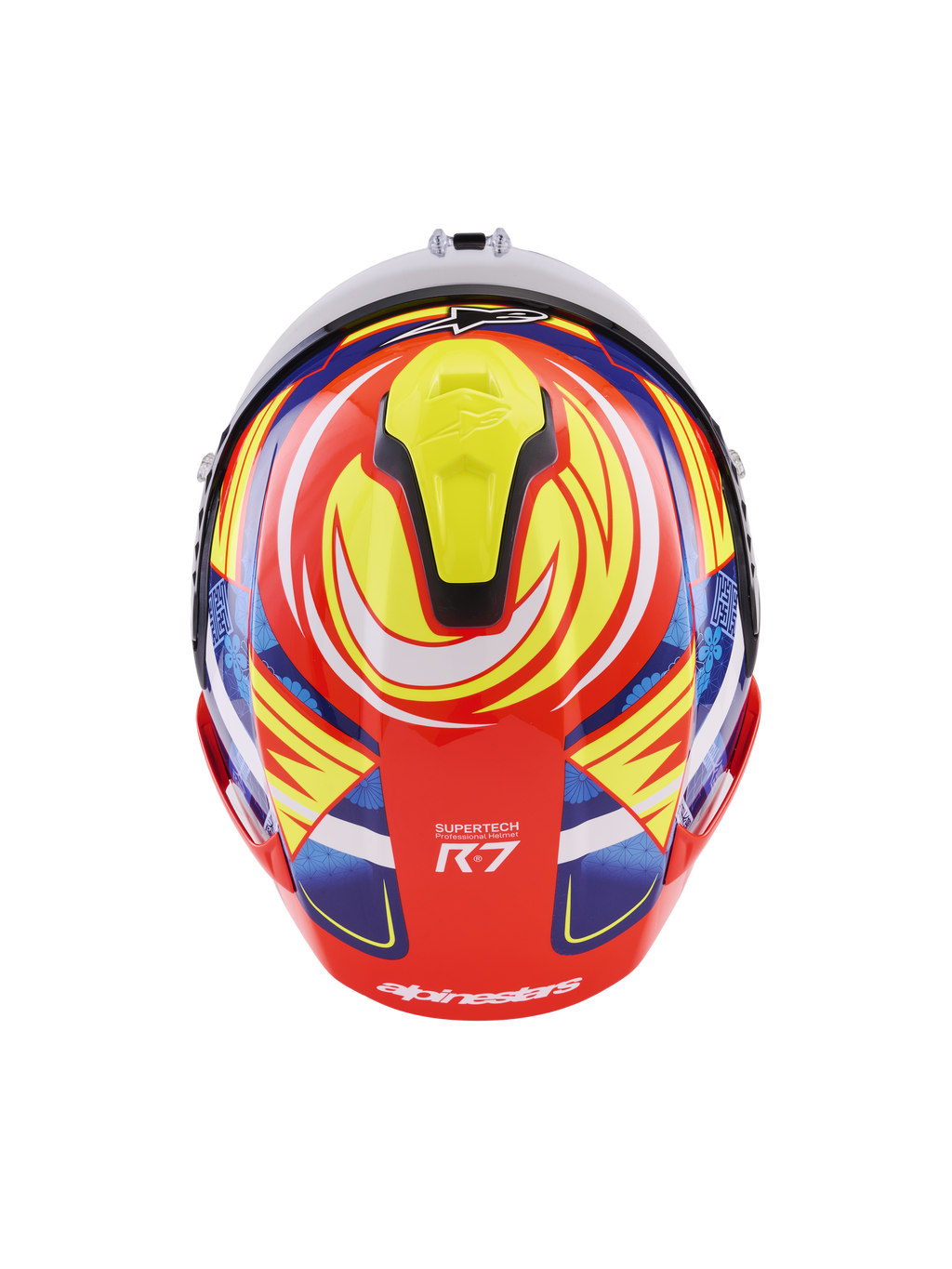 Alpinestars S-R7 Taiyo Furusato Helm, ECE-zertifizierter Integral-Rennhelm, Blick von oben auf die Rückseite mit Carbon-Verbundschale in Rot, Weiß, Blau und Gelb