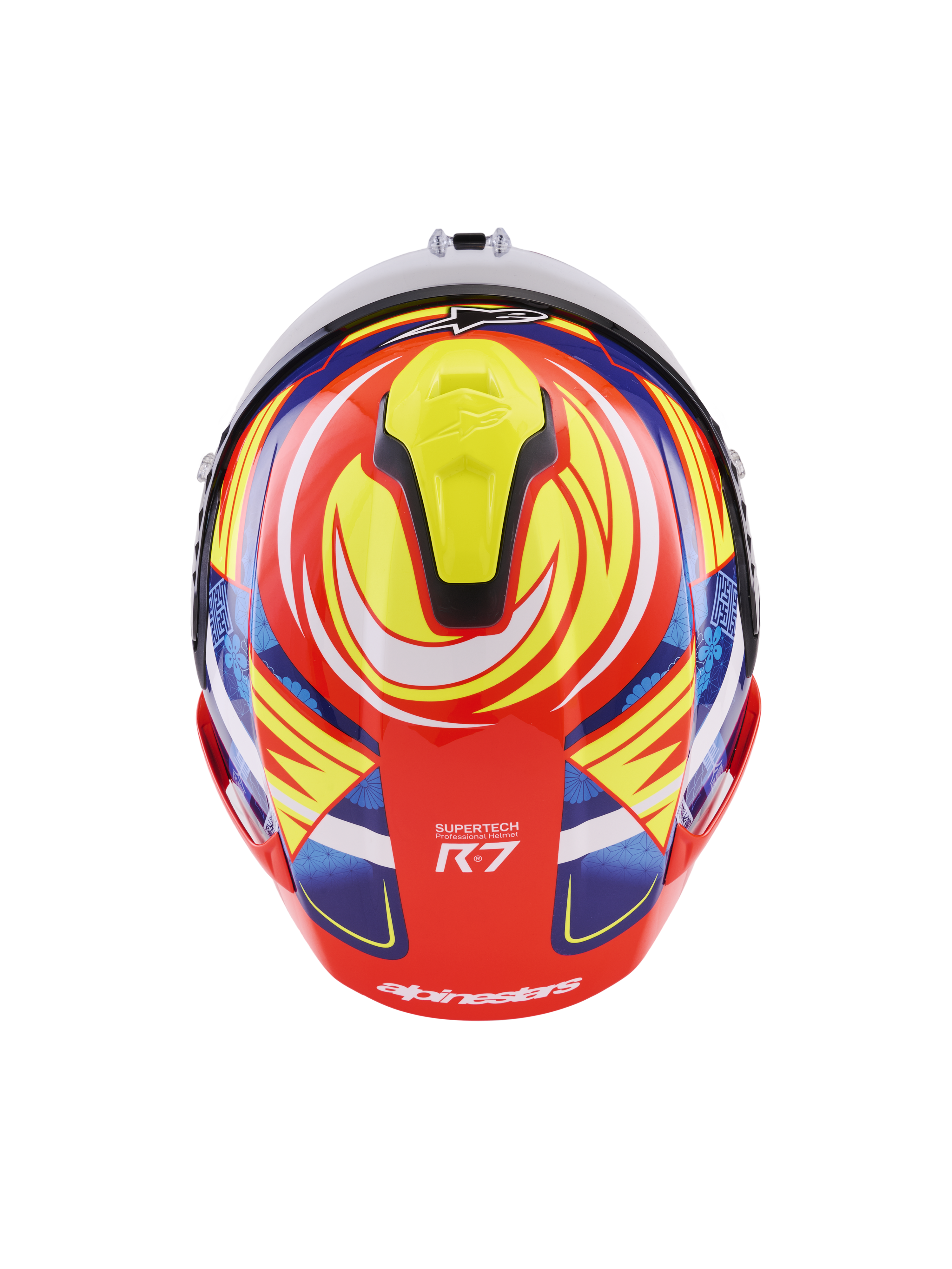 Alpinestars S-R7 Taiyo Furusato Helm, ECE-zertifizierter Integral-Rennhelm, Blick von oben auf die Rückseite mit Carbon-Verbundschale in Rot, Weiß, Blau und Gelb