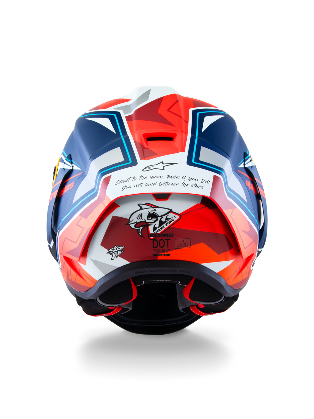 Alpinestars Supertech R10 Helm Acosta Limited Edition, Rückansicht des Carbon-Rennhelms mit Haifisch-Grafik und DOT-Zertifizierung, Blau, Rot und Weiß