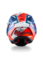 Alpinestars Supertech R10 Helm Acosta Limited Edition, Rückansicht des Carbon-Rennhelms mit Haifisch-Grafik und DOT-Zertifizierung, Blau, Rot und Weiß