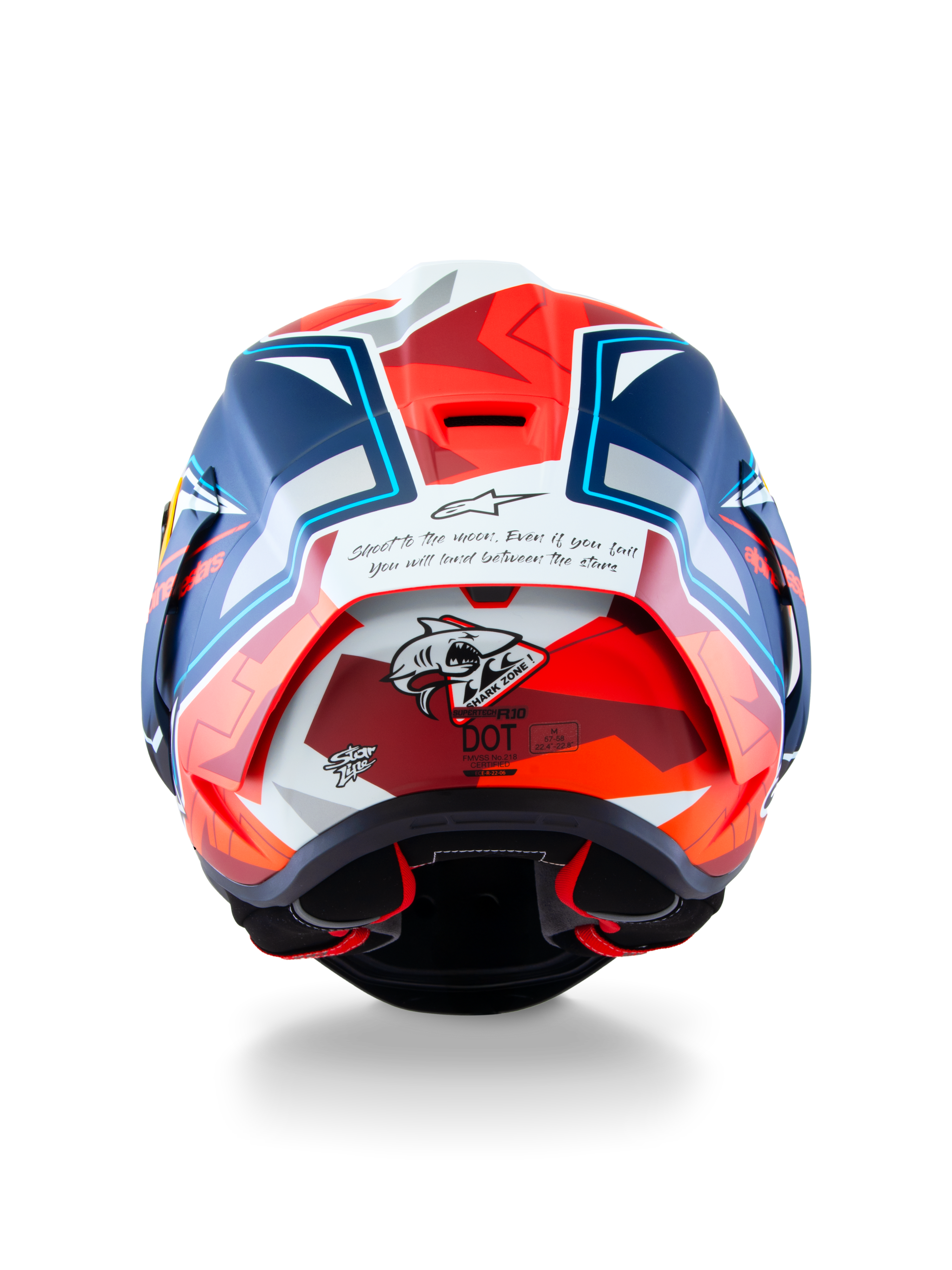 Alpinestars Supertech R10 Helm Acosta Limited Edition, Rückansicht des Carbon-Rennhelms mit Haifisch-Grafik und DOT-Zertifizierung, Blau, Rot und Weiß