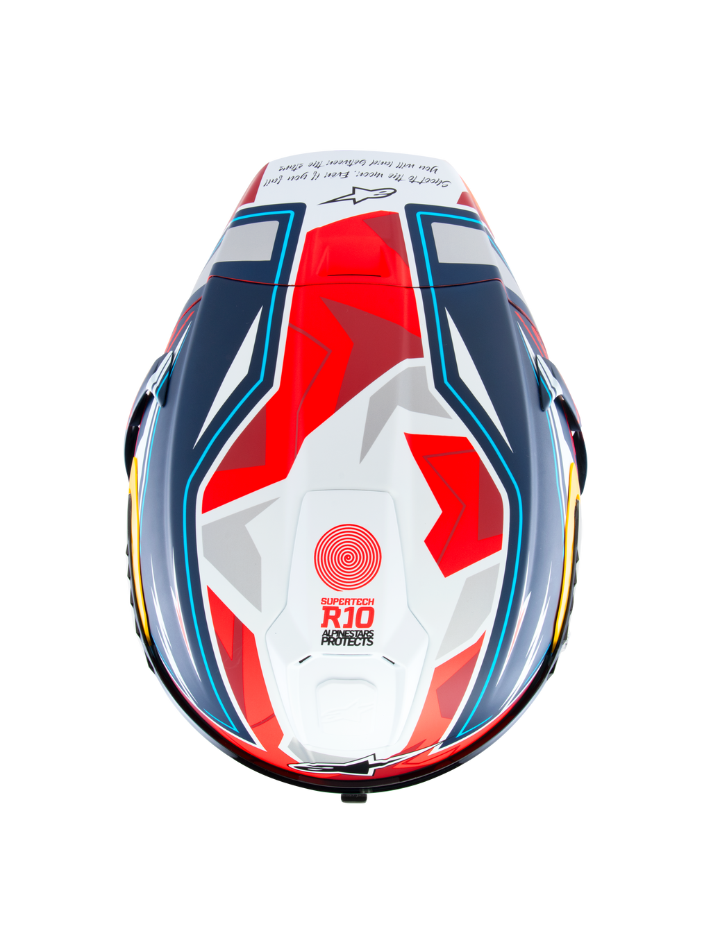 Alpinestars Supertech R10 Helm Acosta Limited Edition, Carbon-Rennhelm von oben in Blau, Rot und Weiß, mit aerodynamischem Spoiler und Race-Grafik, ECE 22.06- und FIM-zertifiziert