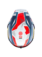 Alpinestars Supertech R10 Helm Acosta Limited Edition, Carbon-Rennhelm von oben in Blau, Rot und Weiß, mit aerodynamischem Spoiler und Race-Grafik, ECE 22.06- und FIM-zertifiziert
