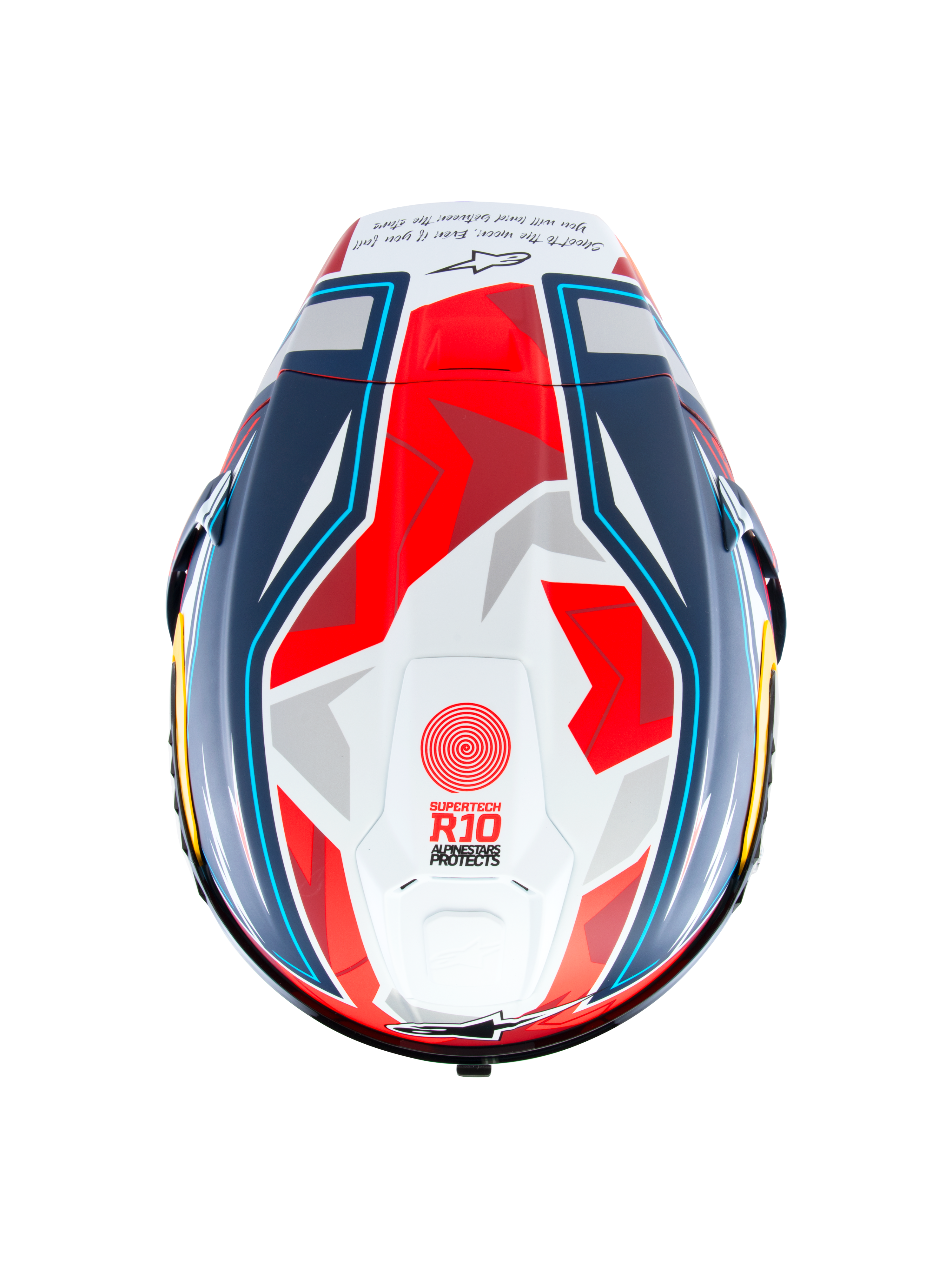 Alpinestars Supertech R10 Helm Acosta Limited Edition, Carbon-Rennhelm von oben in Blau, Rot und Weiß, mit aerodynamischem Spoiler und Race-Grafik, ECE 22.06- und FIM-zertifiziert