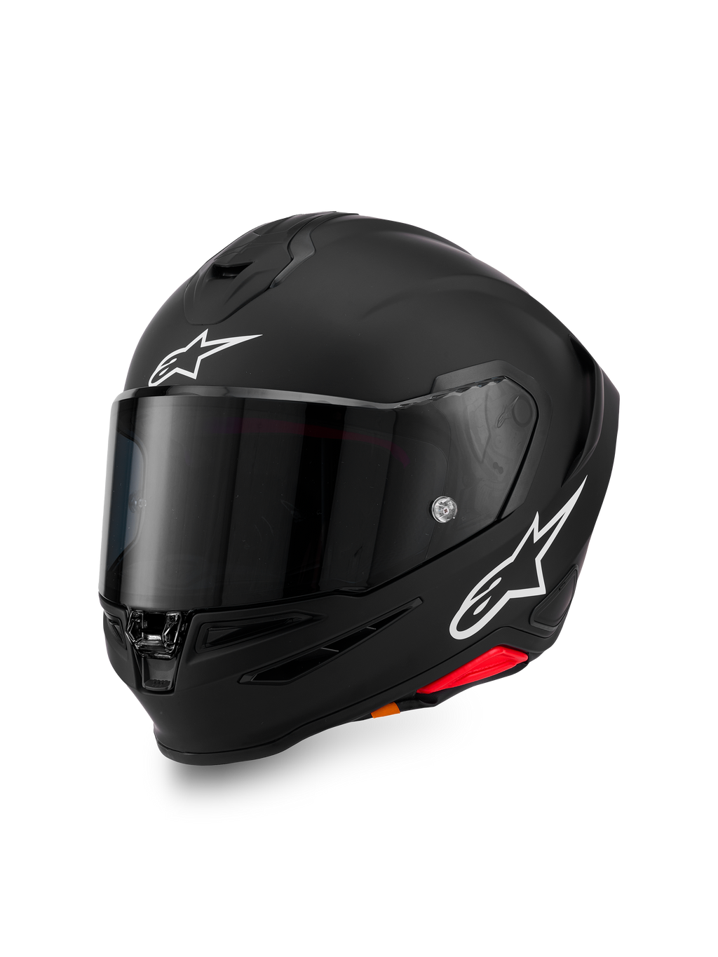 Alpinestars S-R7 Solid Helm, Integral-Motorradhelm, Schwarz Matt mit weißen A-Star-Logos auf der Stirn und an der Seite, dunkel getöntes Visier, aerodynamisches Schalendesign für den Rennsport und sportliches Fahren