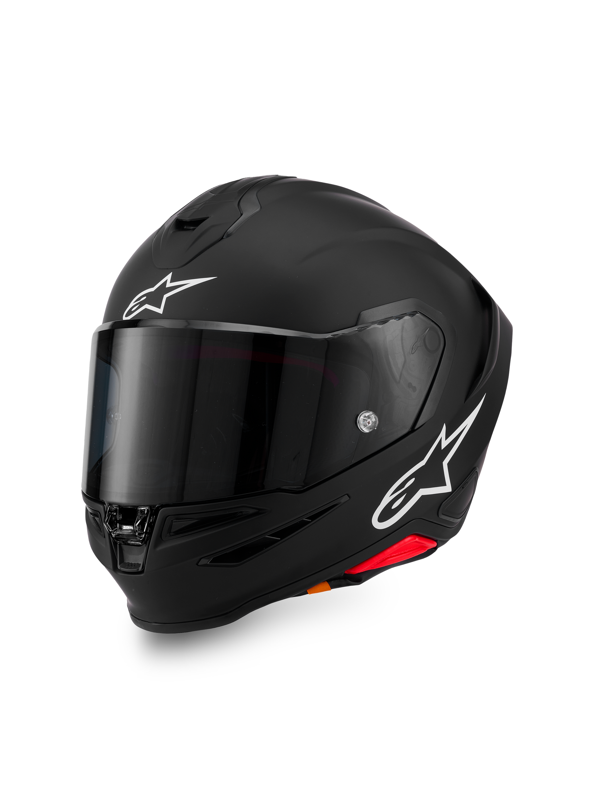Alpinestars S-R7 Solid Helmet, full-face motorcycle helmet, Black Matte with white A-star logos on forehead and side, dark tinted visor, aerodynamic shell design for racing and sport riding