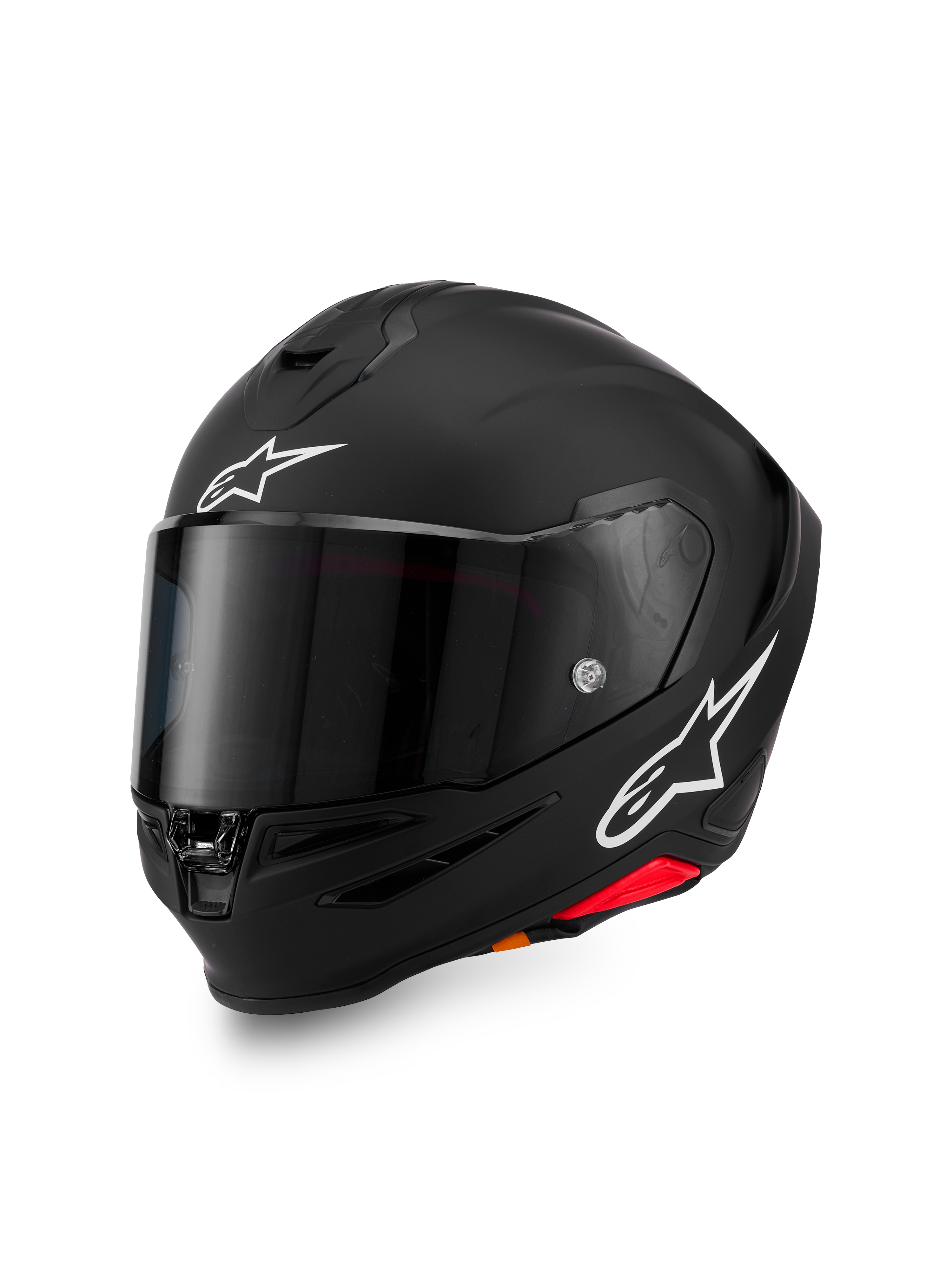 Alpinestars S-R7 Solid Helm, Integral-Motorradhelm, Schwarz Matt mit weißen A-Star-Logos auf der Stirn und an der Seite, dunkel getöntes Visier, aerodynamisches Schalendesign für den Rennsport und sportliches Fahren