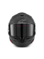 Alpinestars S-R7 Solid Helm, Motorrad-Integralhelm in Mattschwarz, Vorderansicht mit aerodynamischer Schale, dunklem Visier, integrierten Belüftungsöffnungen an Kinn und Oberseite sowie dem markanten Astar-Logo auf der Stirn.