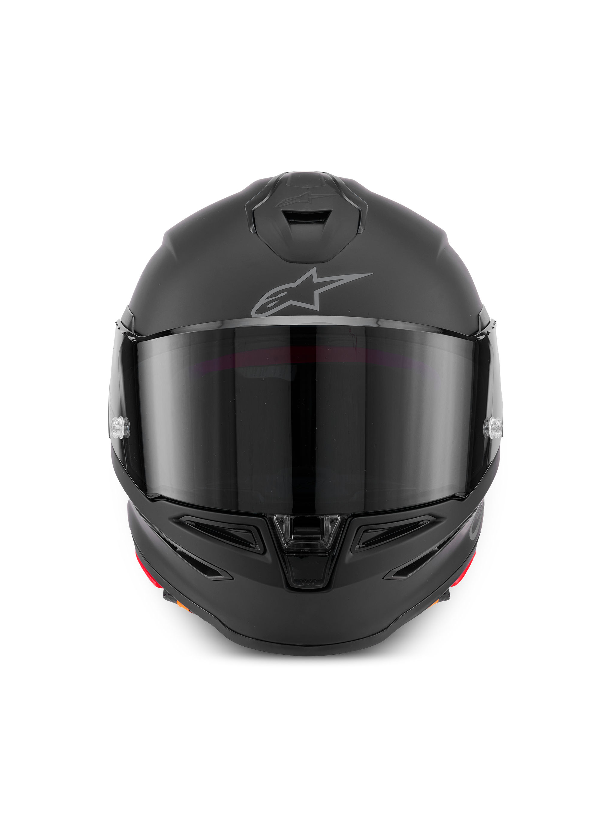 Alpinestars S-R7 Solid Helmet, full-face motorcycle helmet in Black Matte, front view showing aerodynamic shell with dark visor, integrated chin and top vents, and signature Astar logo on the forehead.