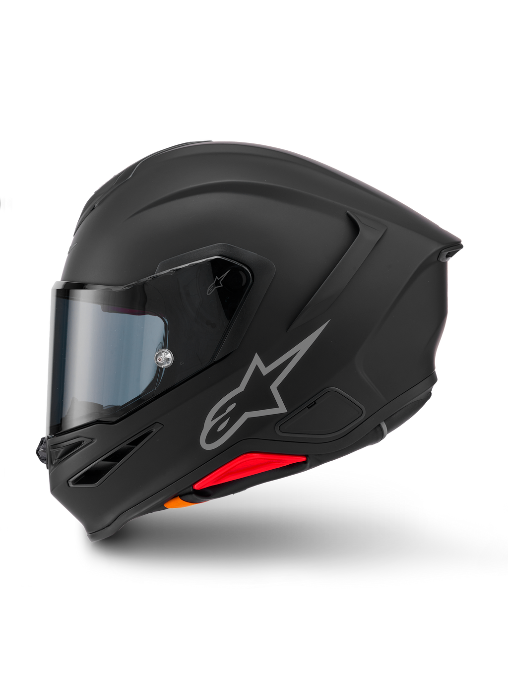Alpinestars S-R7 Solid Helm, Integral-Motorradhelm, Mattschwarz, Seitenansicht, mit silbernem Astars-Logo auf der Seite, aerodynamisches Design mit integriertem Spoiler und Kinnbelüftung sowie roten und orangefarbenen Akzenten an der Basis