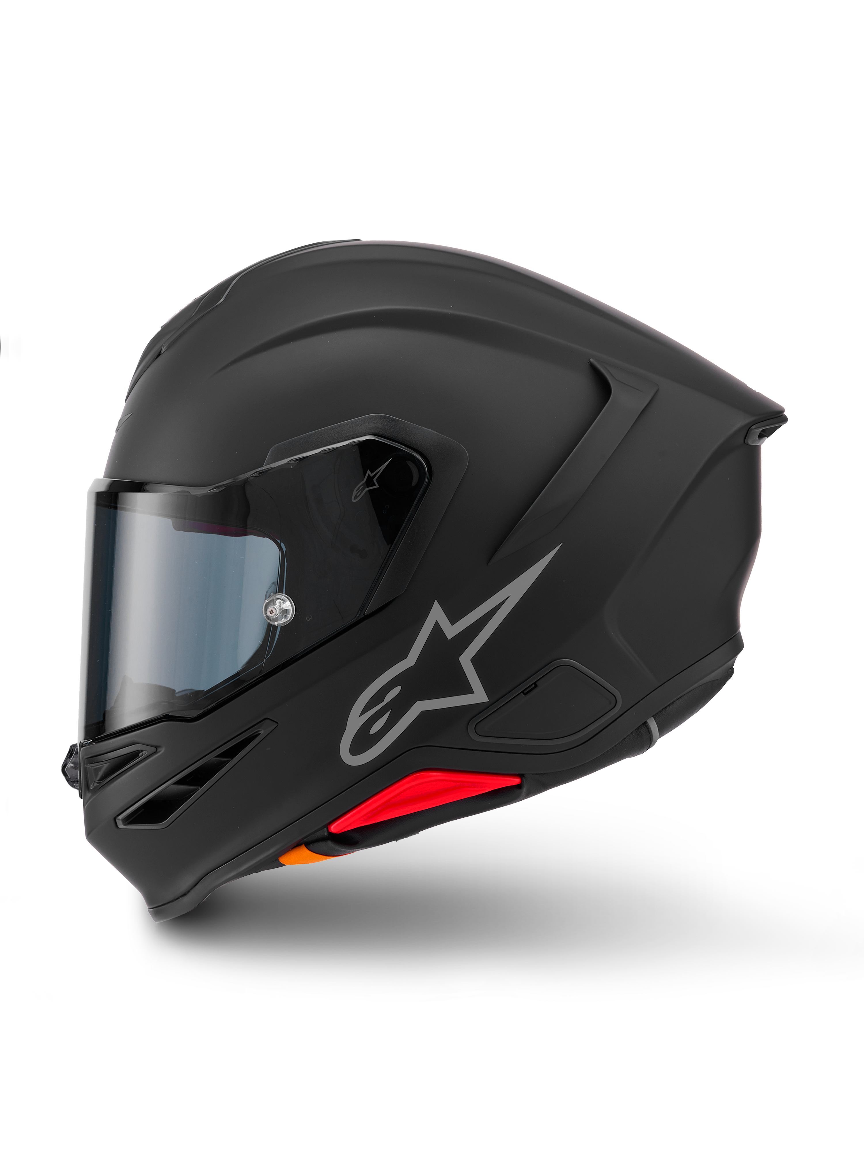 Alpinestars S-R7 Solid Helm, Integral-Motorradhelm, Mattschwarz, Seitenansicht, mit silbernem Astars-Logo auf der Seite, aerodynamisches Design mit integriertem Spoiler und Kinnbelüftung sowie roten und orangefarbenen Akzenten an der Basis