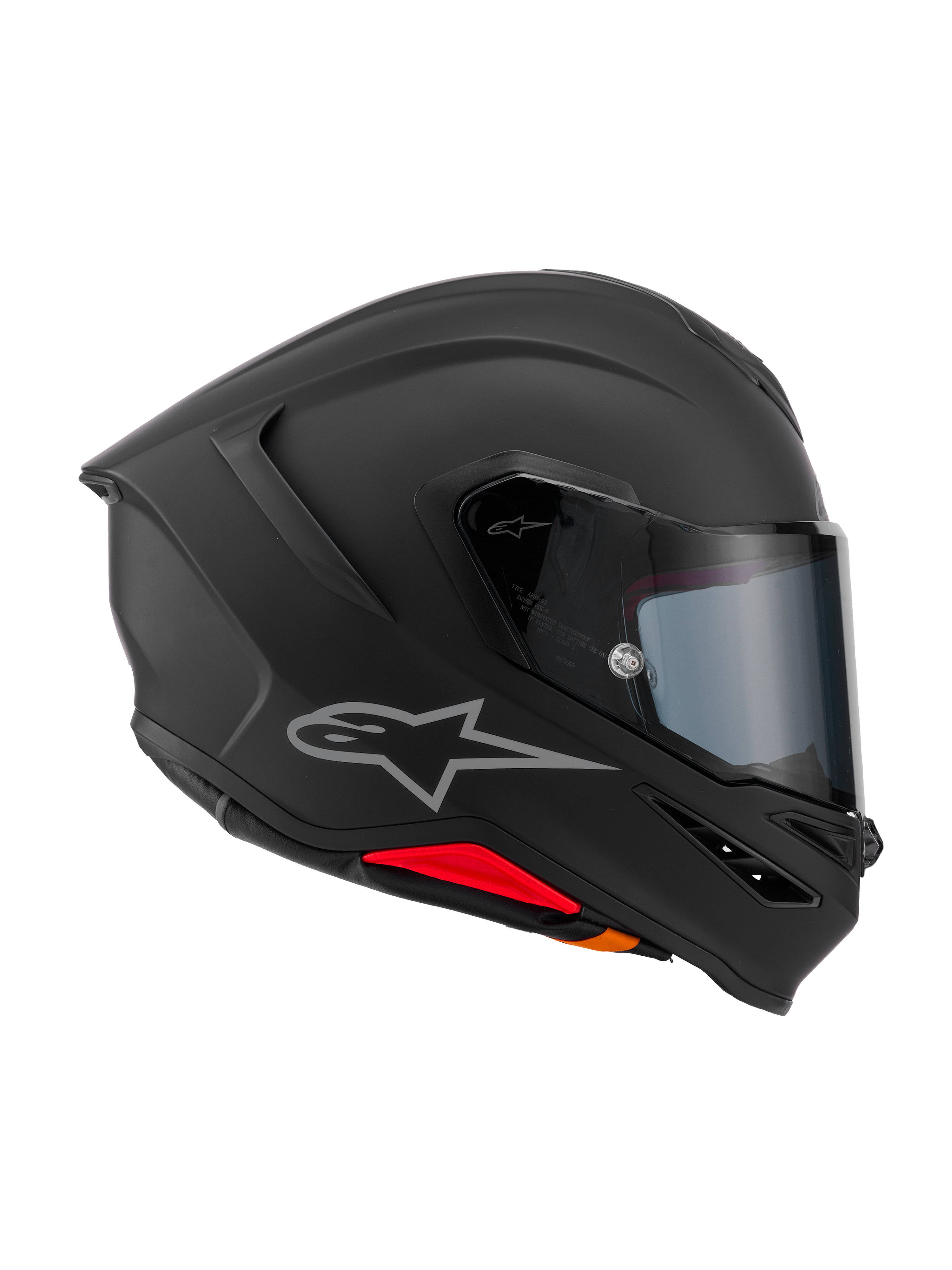 Alpinestars S-R7 Solid Helm, Motorrad-Integralhelm, Mattschwarz, Seitenprofilansicht mit aerodynamischer Carbon-Verbundschale, integriertem Heckspoiler, silbernem Astars-Logo, klarem Visier und Belüftungsöffnungen, Renn- und Sport-Fahrerausrüstung
