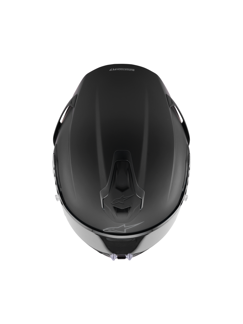 Alpinestars S-R7 Solid Helm, Integral-Rennhelm, Schwarz Matt, Draufsicht zeigt die aerodynamische Schalenkonstruktion, integrierte Belüftungsöffnungen und dezentes Alpinestars-Branding.