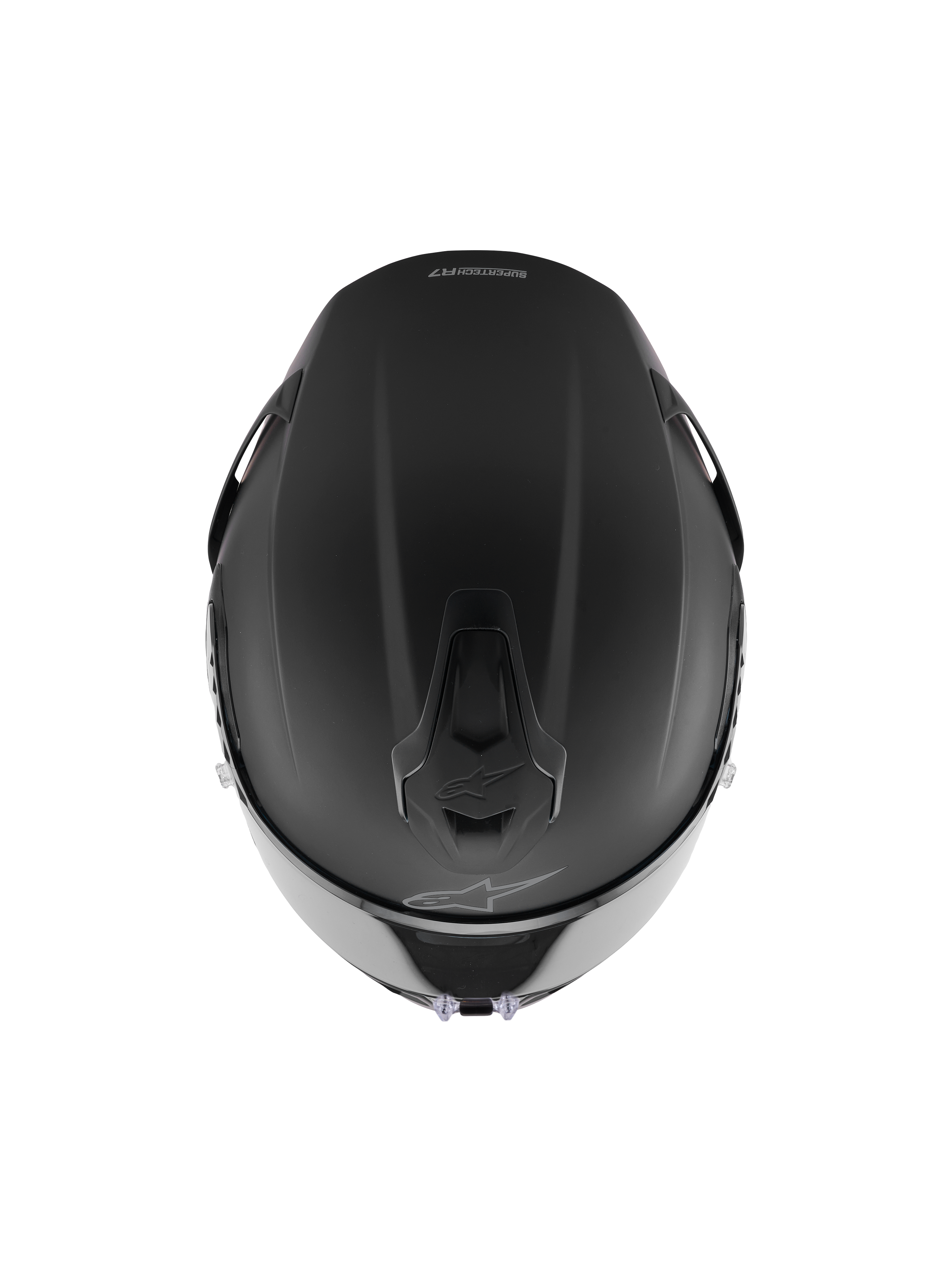 Alpinestars S-R7 Solid Helm, Integral-Rennhelm, Schwarz Matt, Draufsicht zeigt die aerodynamische Schalenkonstruktion, integrierte Belüftungsöffnungen und dezentes Alpinestars-Branding.